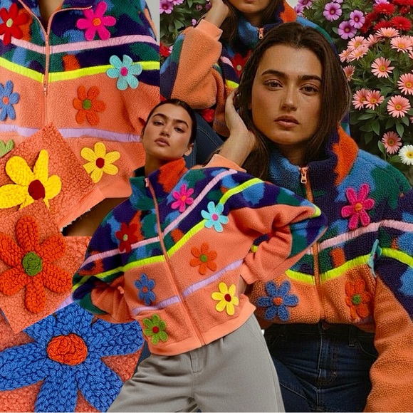 NEW BiBi Boutique Crochet Patch Floral Teddy Bomber Jacket Zip Shacket SAMPLE - Picture 4 of 16